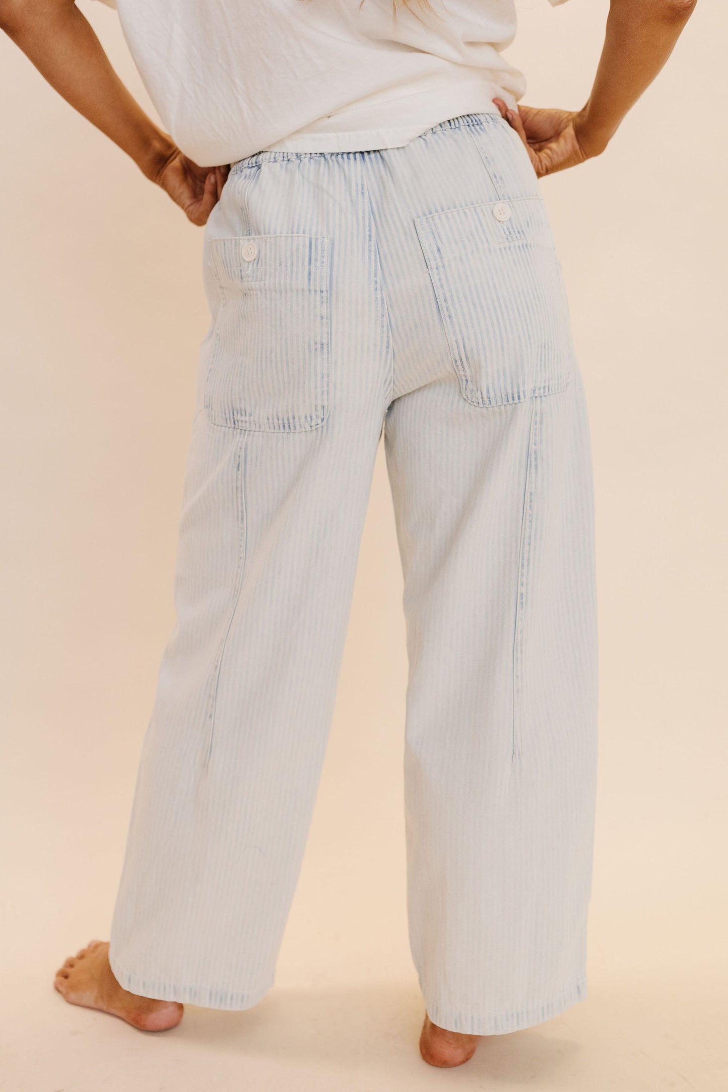 THE MACIE DRAWSTRING BARREL JEANS IN LIGHT BLUE STRIPE