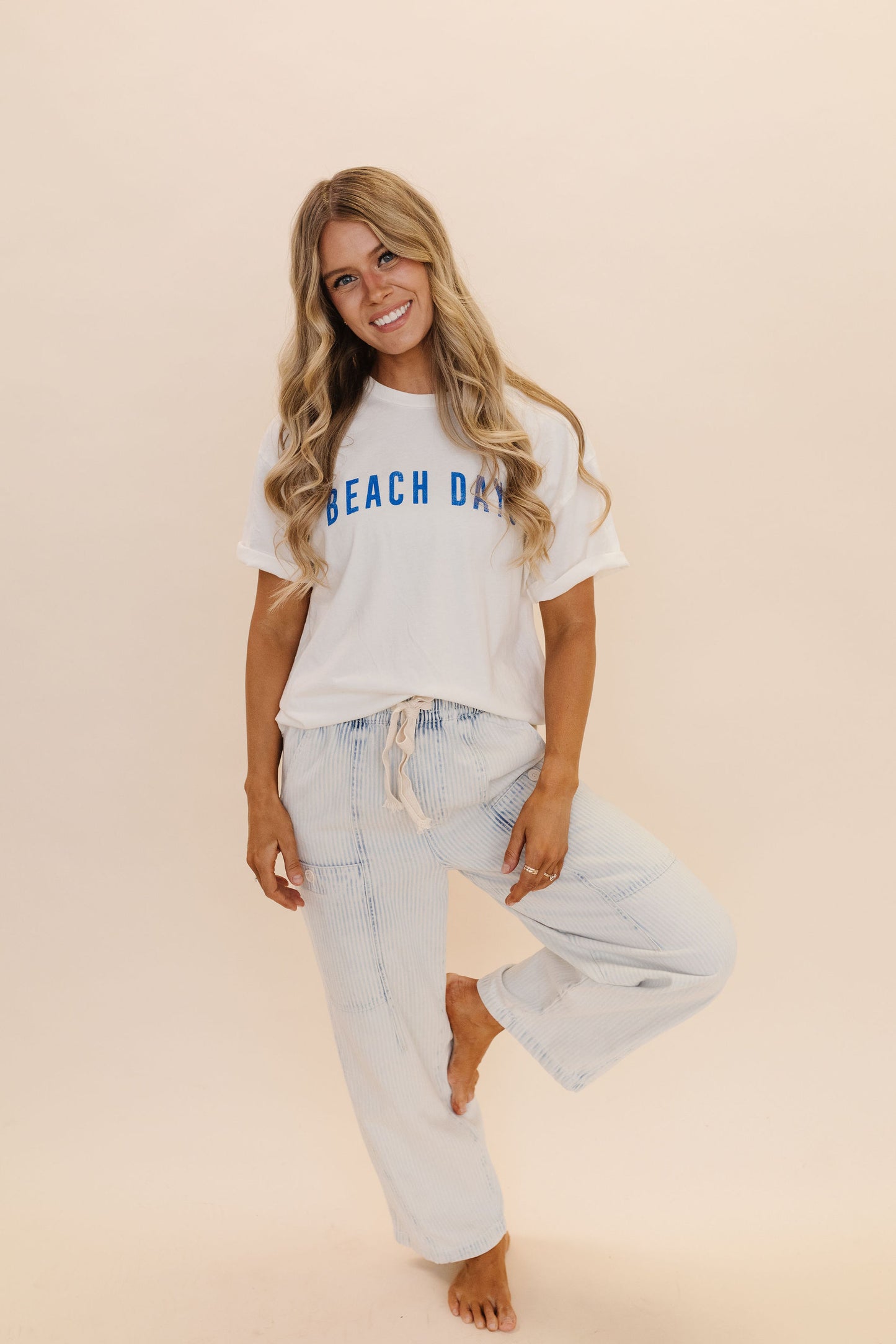 THE MACIE DRAWSTRING BARREL JEANS IN LIGHT BLUE STRIPE