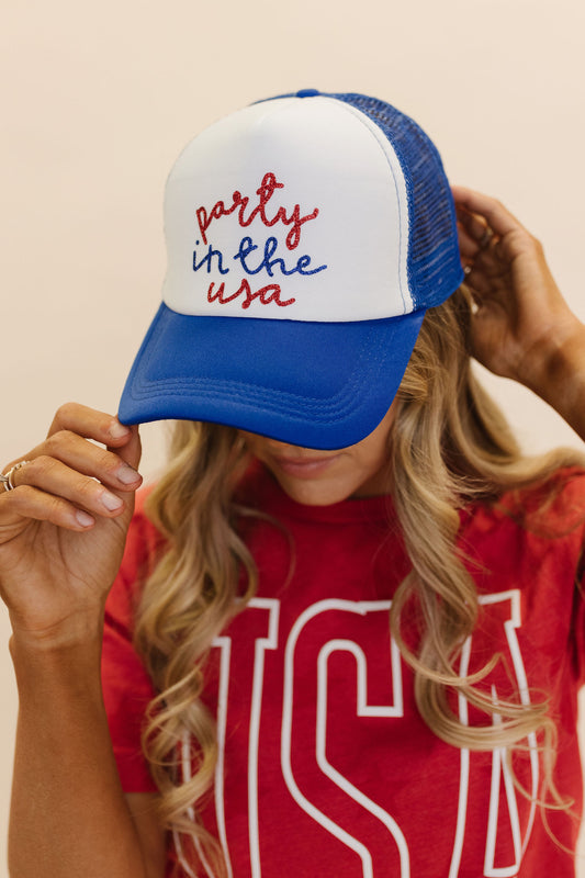 THE PARTY USA TRUCKER HAT IN ROYAL BLUE
