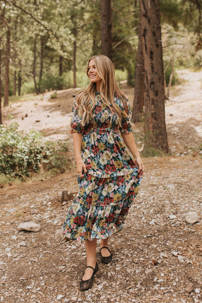 THE ASHTON SMOCKED FLORAL MIDI DRESS IN BLACK