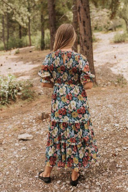 THE ASHTON SMOCKED FLORAL MIDI DRESS IN BLACK