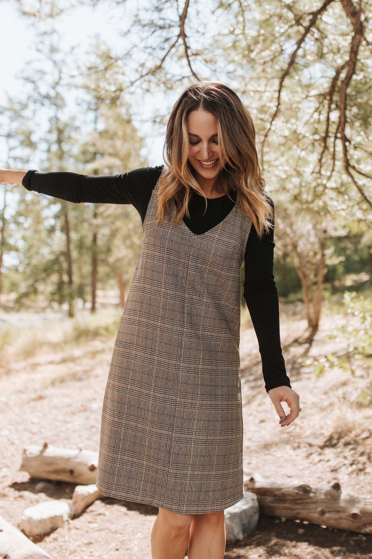 THE BLAKE OVERALL DRESS IN CHARCOAL PLAID BY BY PINK DESERT