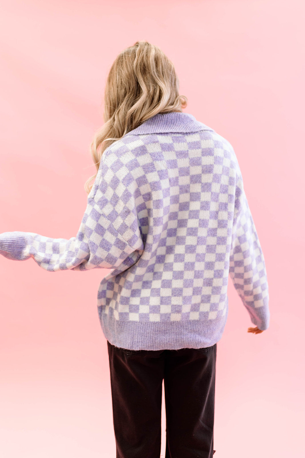 THE LYLA COLLARED SWEATER IN LILAC CHECKER