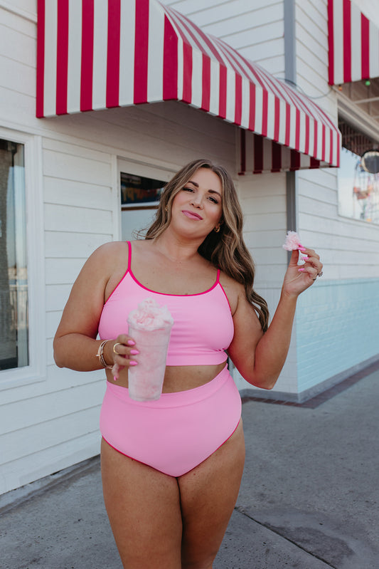 BALBOA BABE TWO PIECE IN PINK SPLASH WITH WATERMELON TRIM BY PINK DESERT X SARAH TRIPP