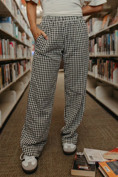 THE LANE GINGHAM STRAIGHT LEG PANTS IN BLACK