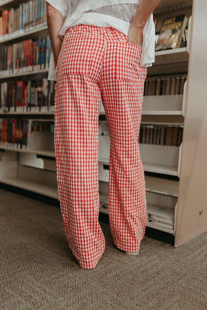 THE LANE GINGHAM STRAIGHT LEG PANTS IN RED