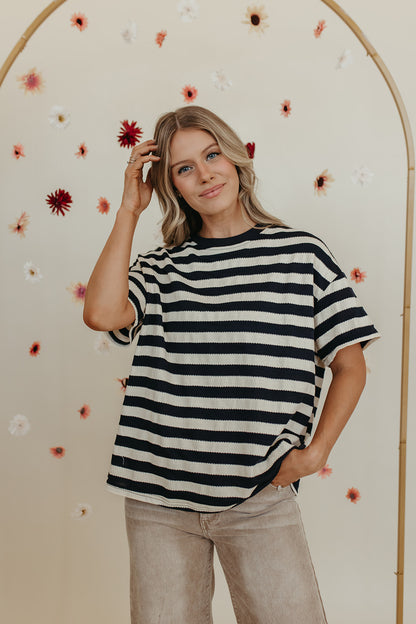 THE OAKLEIGH OVERSIZED STRIPE KNIT TOP IN NAVY