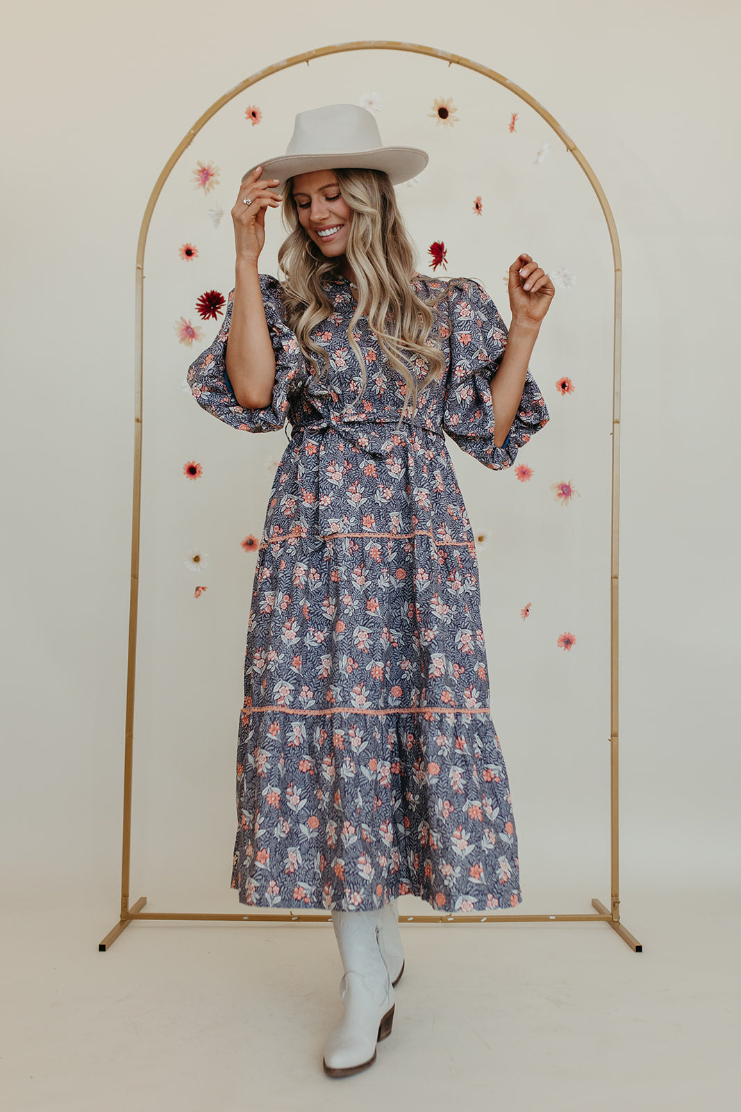 THE LYNLEE LACE MIDI DRESS IN STEEL BLUE FLORAL