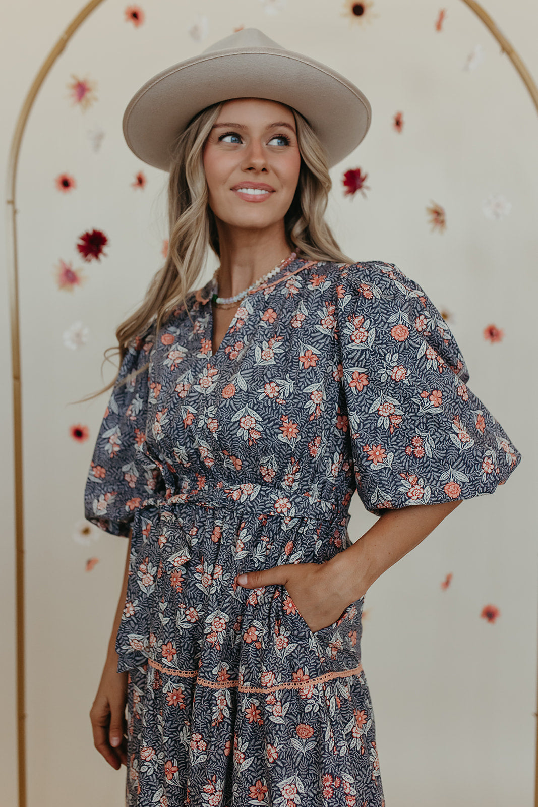 THE LYNLEE LACE MIDI DRESS IN STEEL BLUE FLORAL