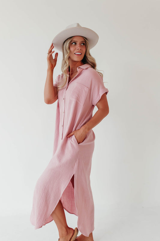 THE SADIE BUTTON UP SHIRT DRESS IN DUSTY PINK