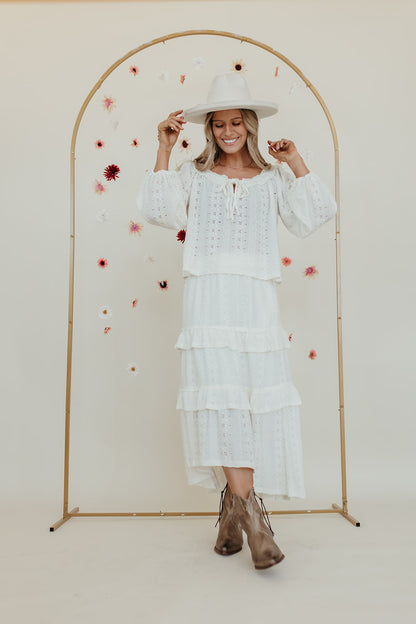 THE PARKER POINTELLE FRONT TIE TOP AND TIERED MAXI SKIRT SET IN CREAM