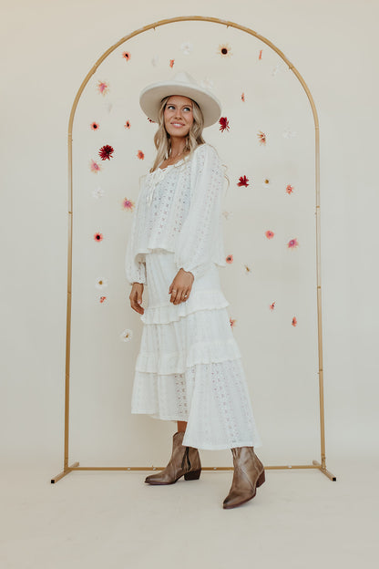 THE PARKER POINTELLE FRONT TIE TOP AND TIERED MAXI SKIRT SET IN CREAM