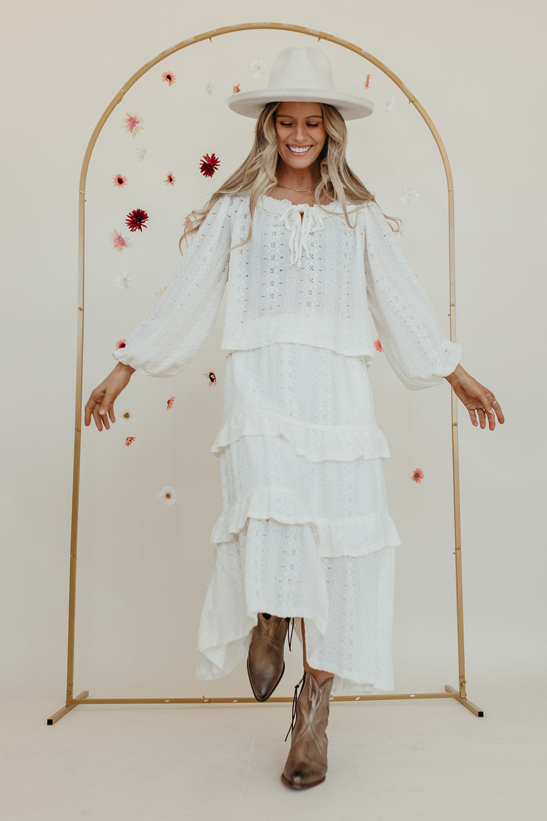 THE PARKER POINTELLE FRONT TIE TOP AND TIERED MAXI SKIRT SET IN CREAM