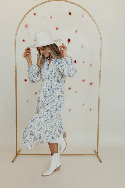 THE JANIE PRINTED V-NECK LONG SLEEVE MAXI DRESS IN CREAM