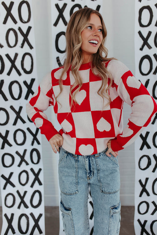 THE RAMONA CHECKERED HEART SWEATER IN RED