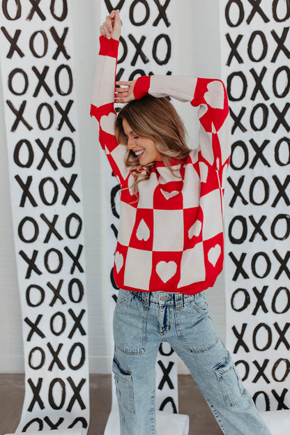 THE RAMONA CHECKERED HEART SWEATER IN RED