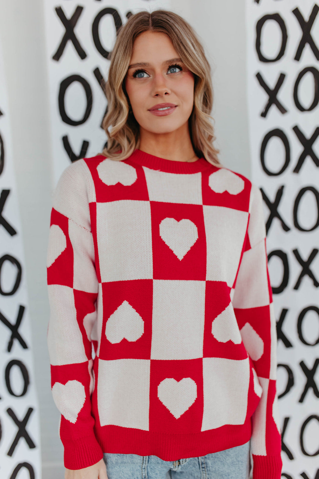 THE RAMONA CHECKERED HEART SWEATER IN RED