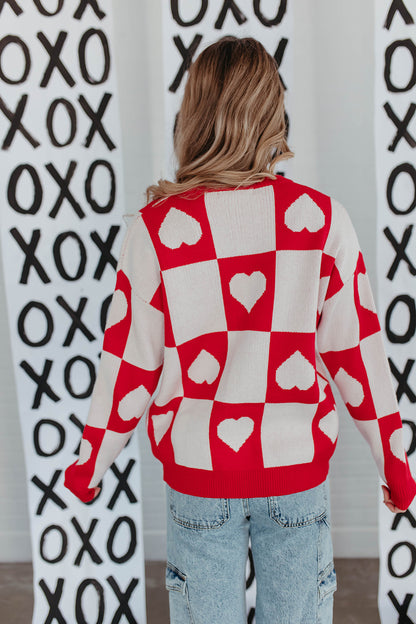 THE RAMONA CHECKERED HEART SWEATER IN RED