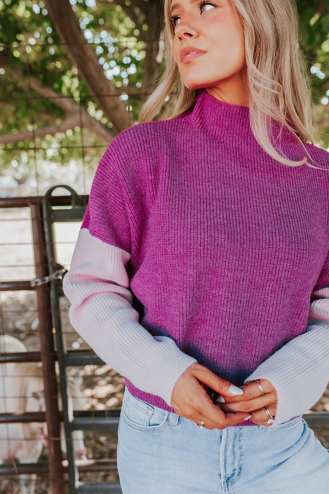 Pink color block top sweater