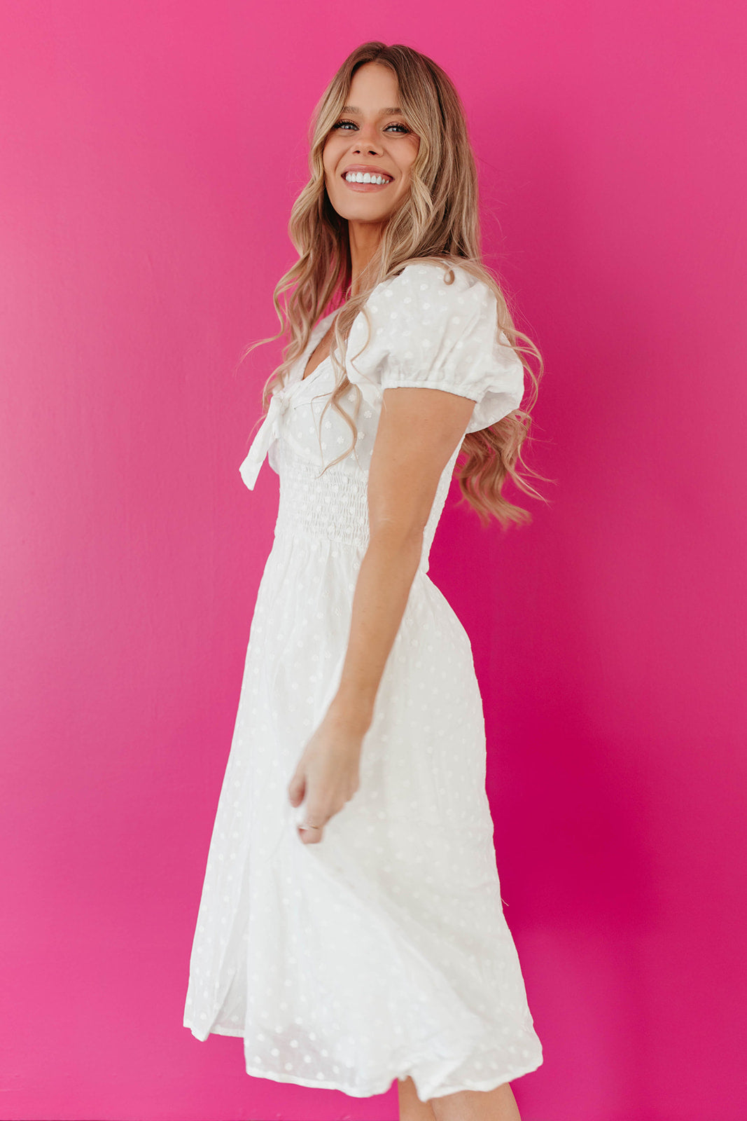 THE BETSY TIE FRONT EMBROIDERED DRESS IN WHITE BY PINK DESERT