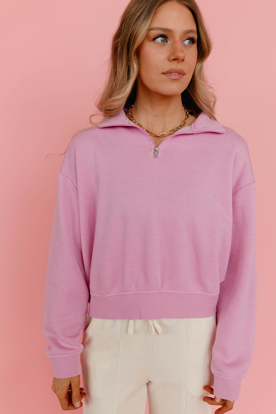 Trend Notes The Alexia Quarter Zip Sweatshirt in Pink Large