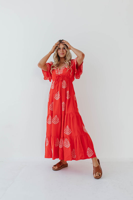 THE RAYLEIGH EMBROIDERED MAXI DRESS IN RED