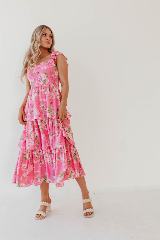 THE ROSE RUFFLE MIDI DRESS IN PINK FLORAL