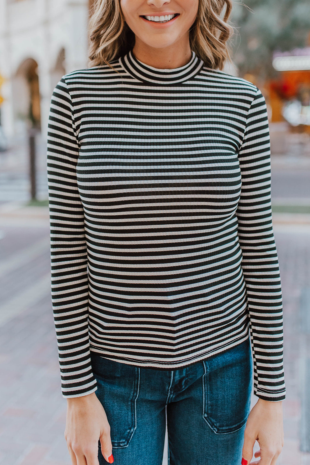 Striped mock neck outlet long sleeve