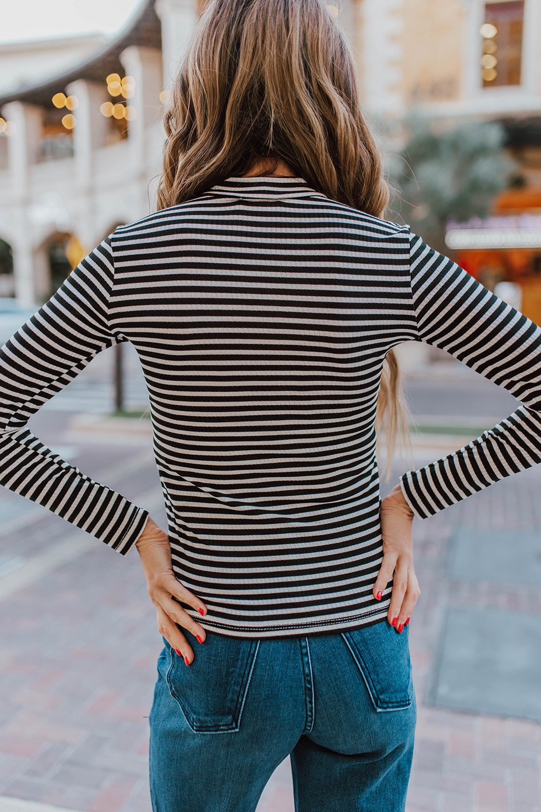 Black and white outlet striped mock neck top