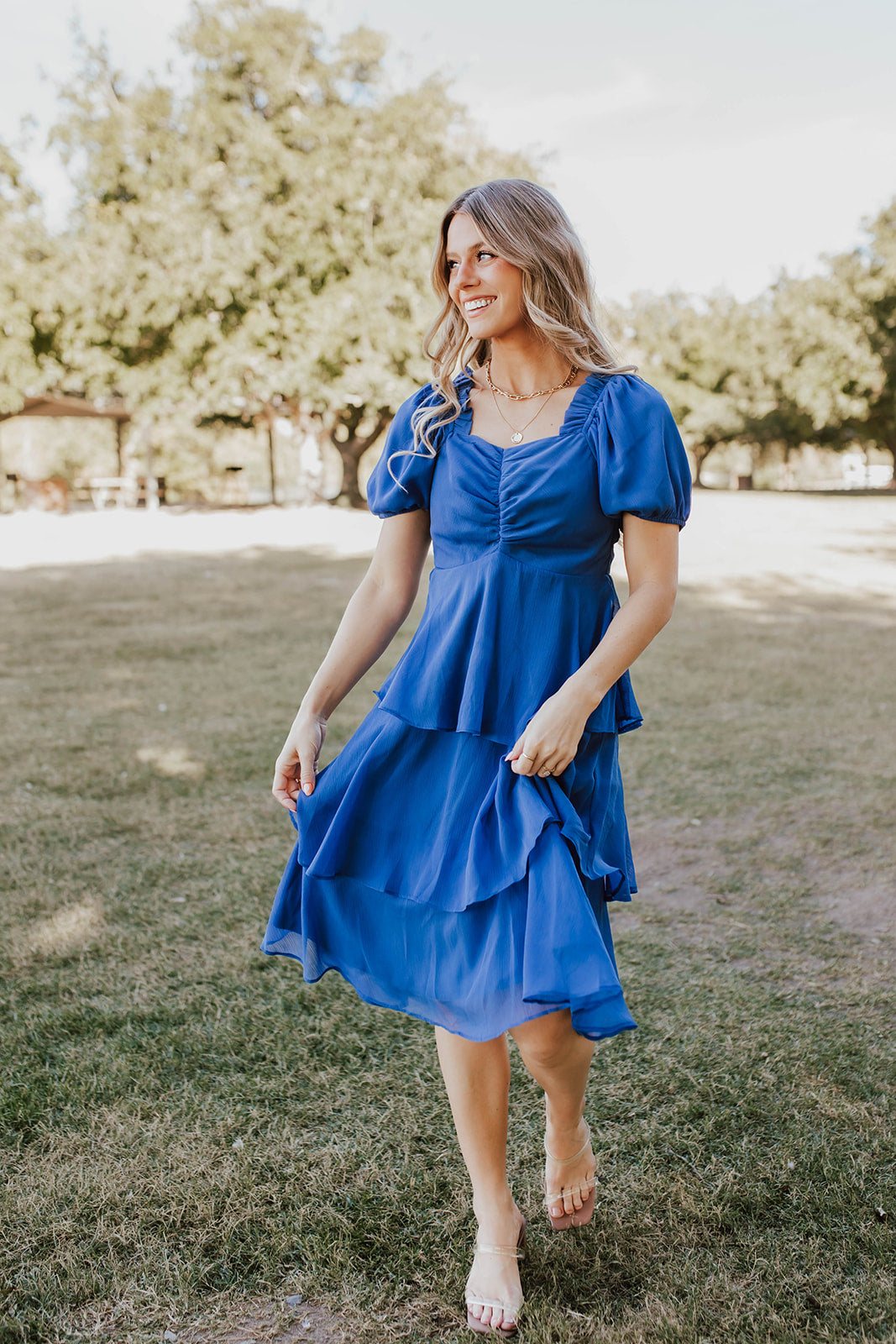 Blue chiffon clearance midi dress