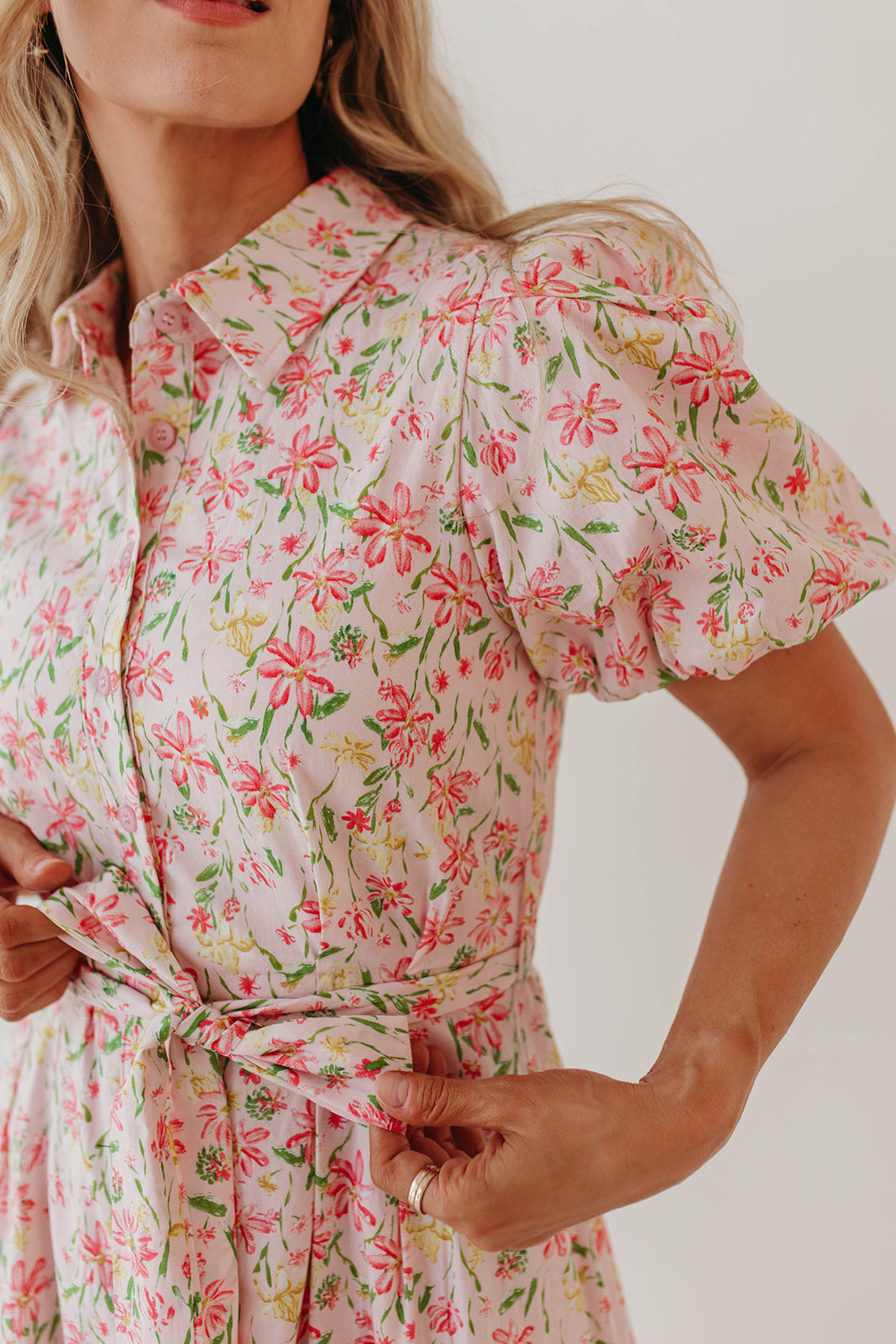 THE STACEY BUTTON DOWN DRESS IN PINK FLORAL