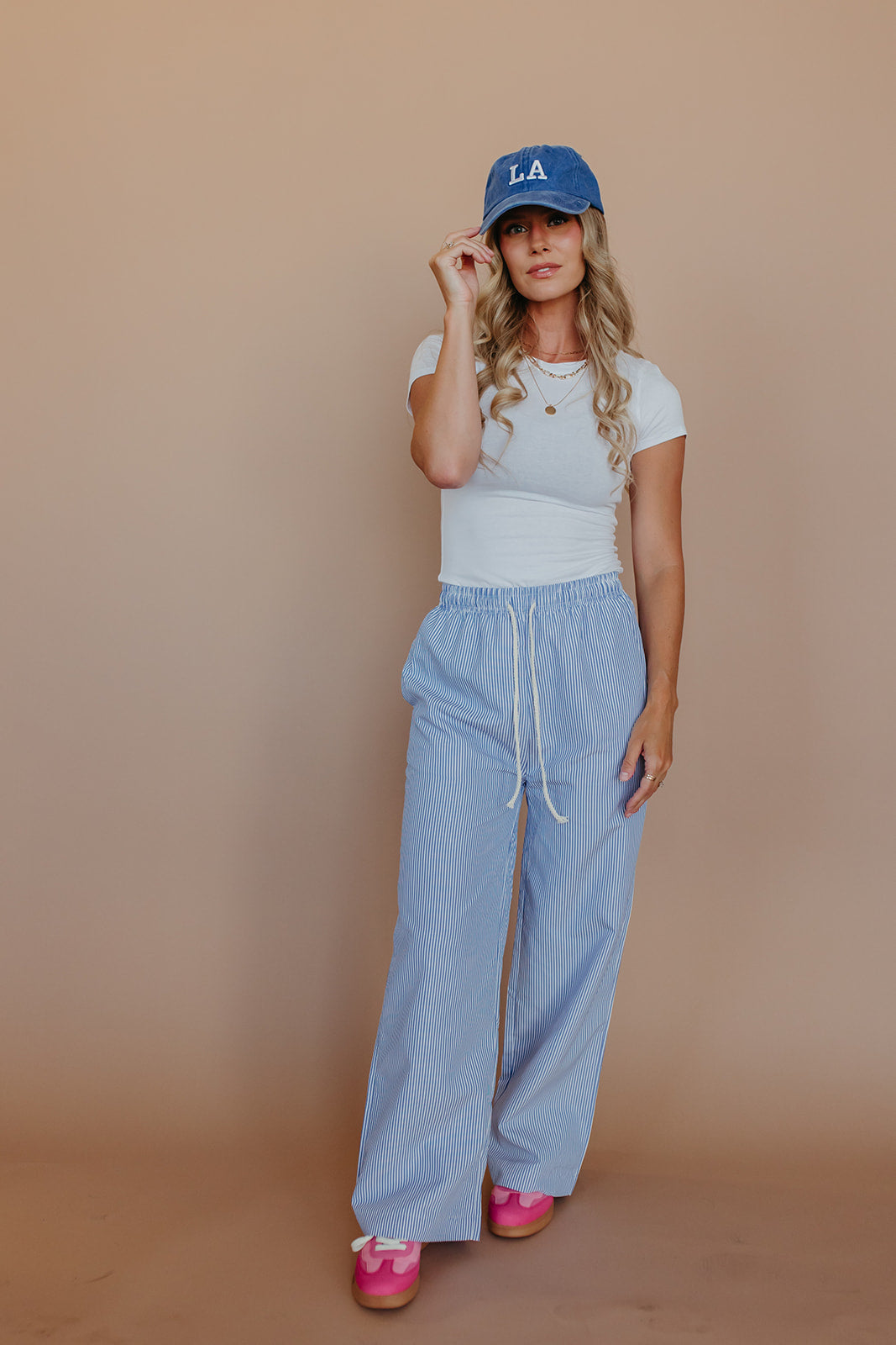 THE NANCIE DRAWSTRING PANTS IN BLUE STRIPE