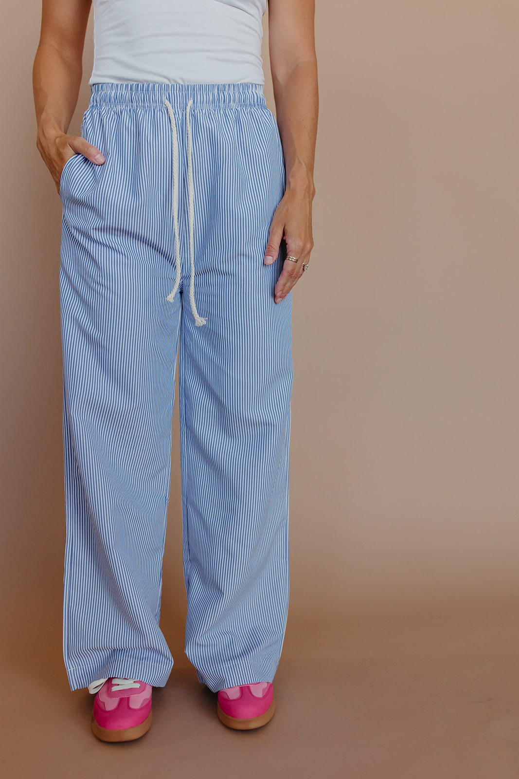 THE NANCIE DRAWSTRING PANTS IN BLUE STRIPE