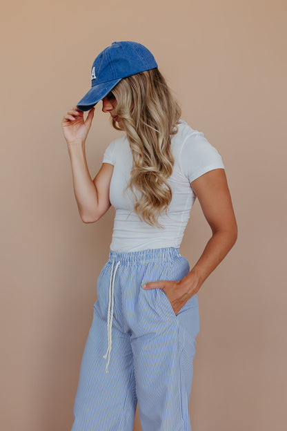 THE NANCIE DRAWSTRING PANTS IN BLUE STRIPE