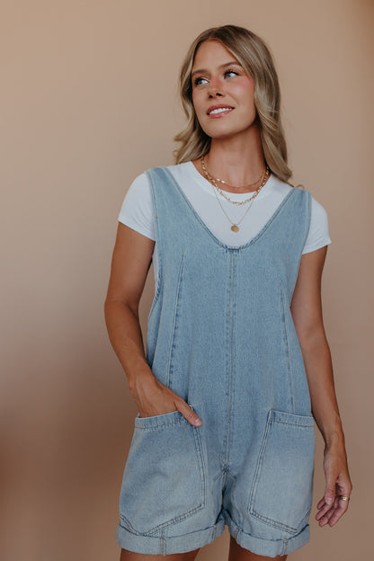 THE KORY CUFFED SHORTALLS IN LIGHT DENIM