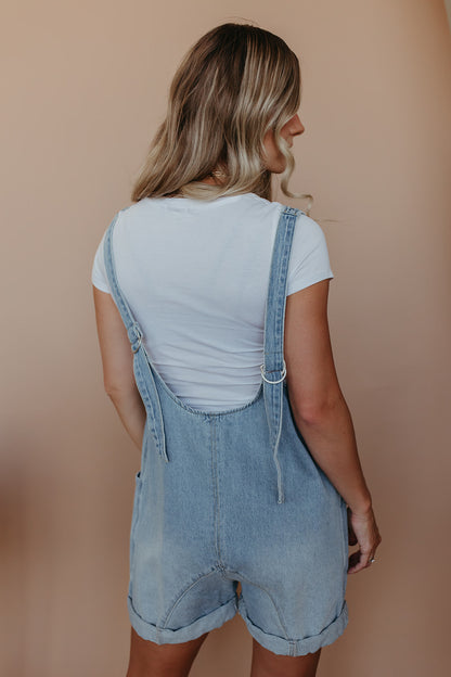 THE KORY CUFFED SHORTALLS IN LIGHT DENIM