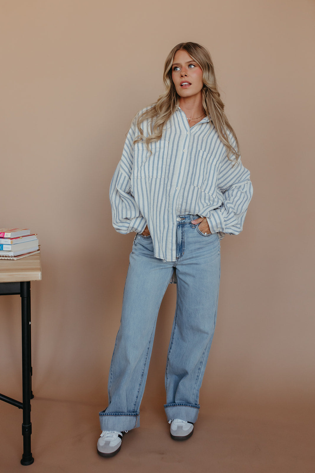 THE SOPHIA BUTTON UP TOP IN BLUE STRIPE