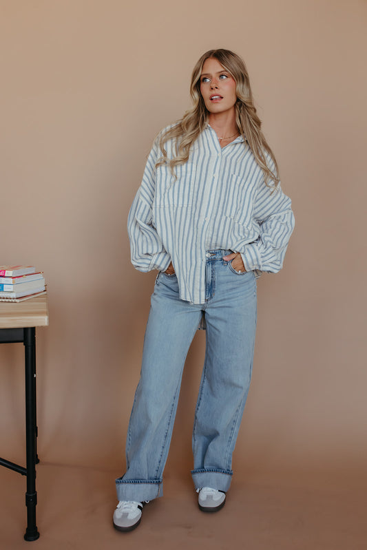 THE SOPHIA BUTTON UP TOP IN BLUE STRIPE