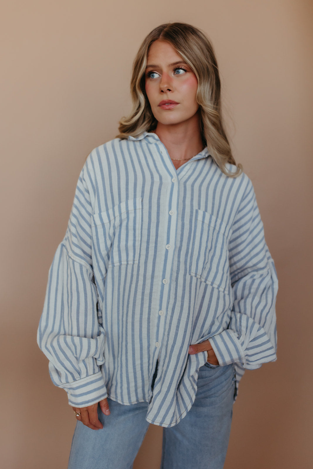 THE SOPHIA BUTTON UP TOP IN BLUE STRIPE