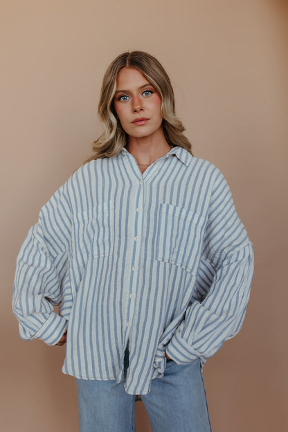 THE SOPHIA BUTTON UP TOP IN BLUE STRIPE