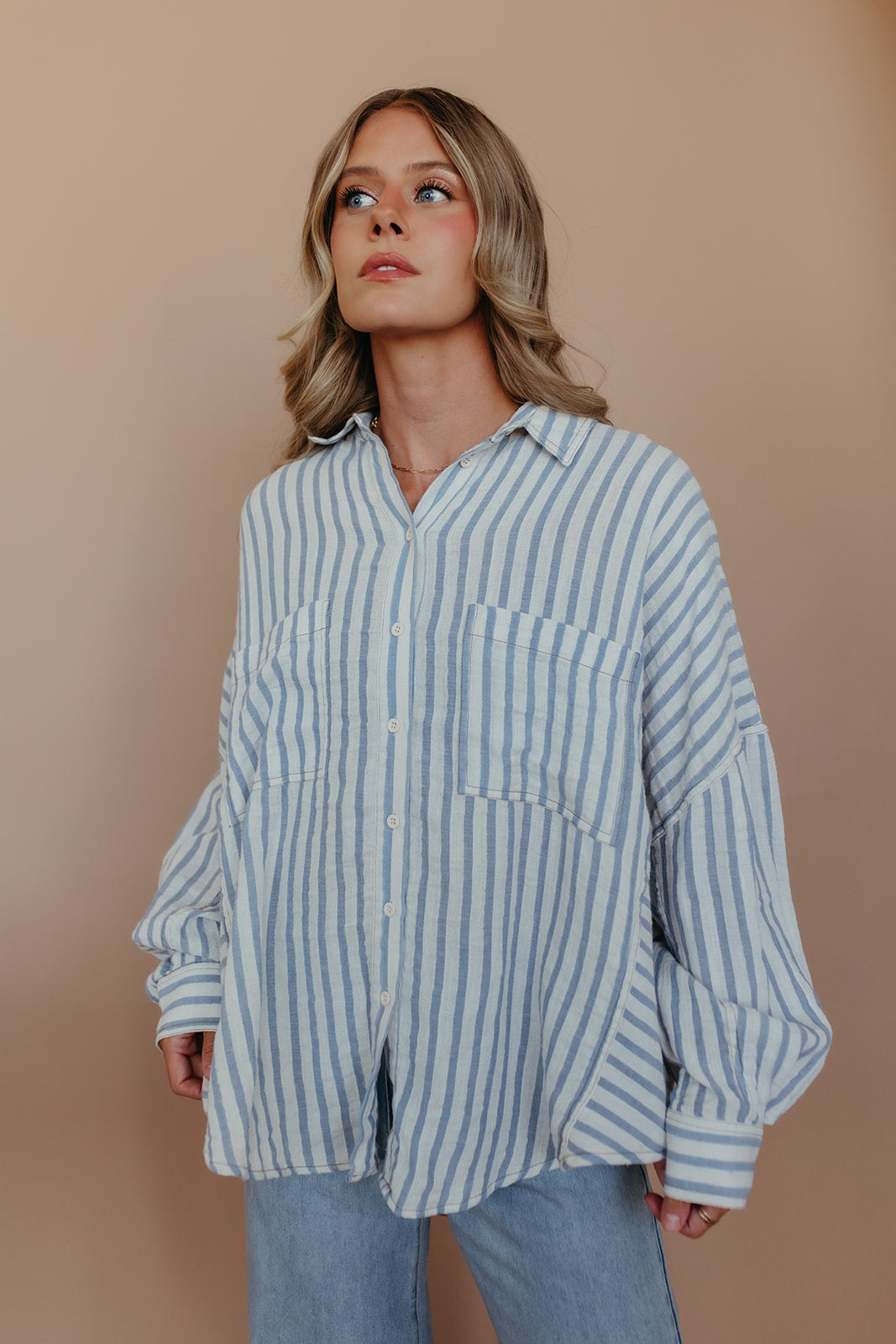 THE SOPHIA BUTTON UP TOP IN BLUE STRIPE