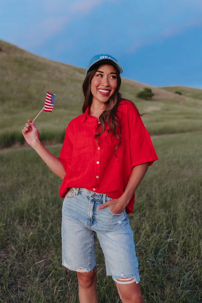 THE KIMMY OVERSIZED BUTTON UP SHIRT IN RED