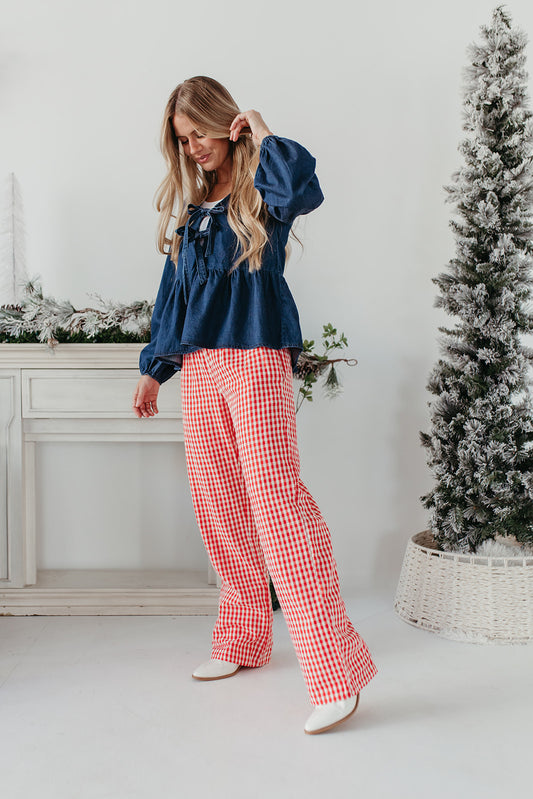 THE LANE GINGHAM STRAIGHT LEG PANTS IN RED