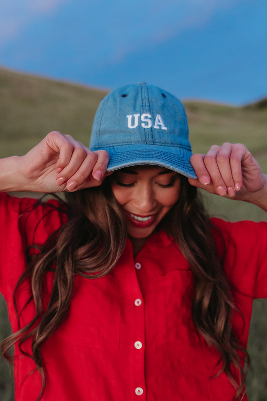 THE EMBROIDERED USA CAP IN DENIM BLUE