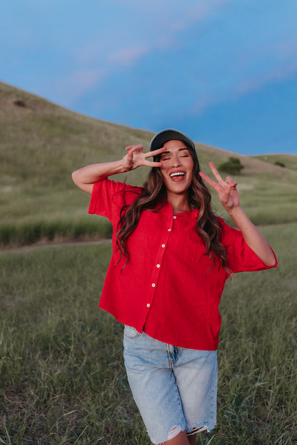 THE KIMMY OVERSIZED BUTTON UP SHIRT IN RED