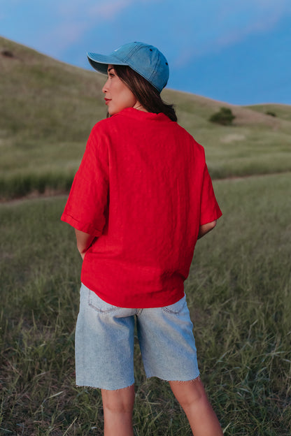 THE KIMMY OVERSIZED BUTTON UP SHIRT IN RED