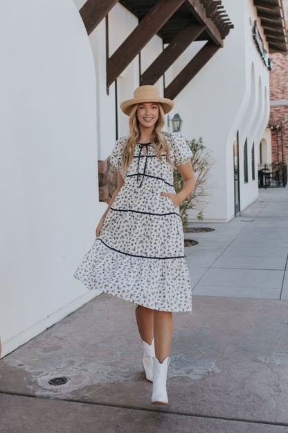 THE MARIANA FLORAL TIERED MIDI DRESS IN CREAM