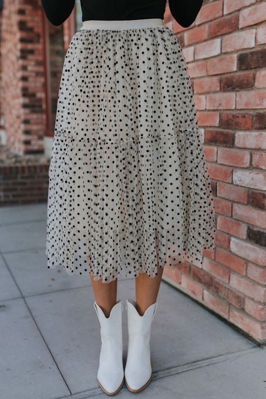 THE PATSY POLKA DOT MIDI SKIRT IN IVORY