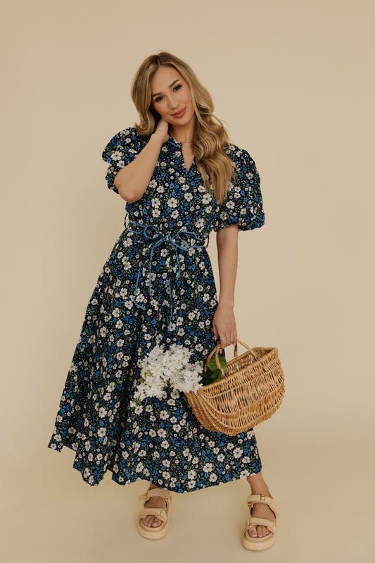 THE LUNA FLORAL MIDI DRESS IN NAVY