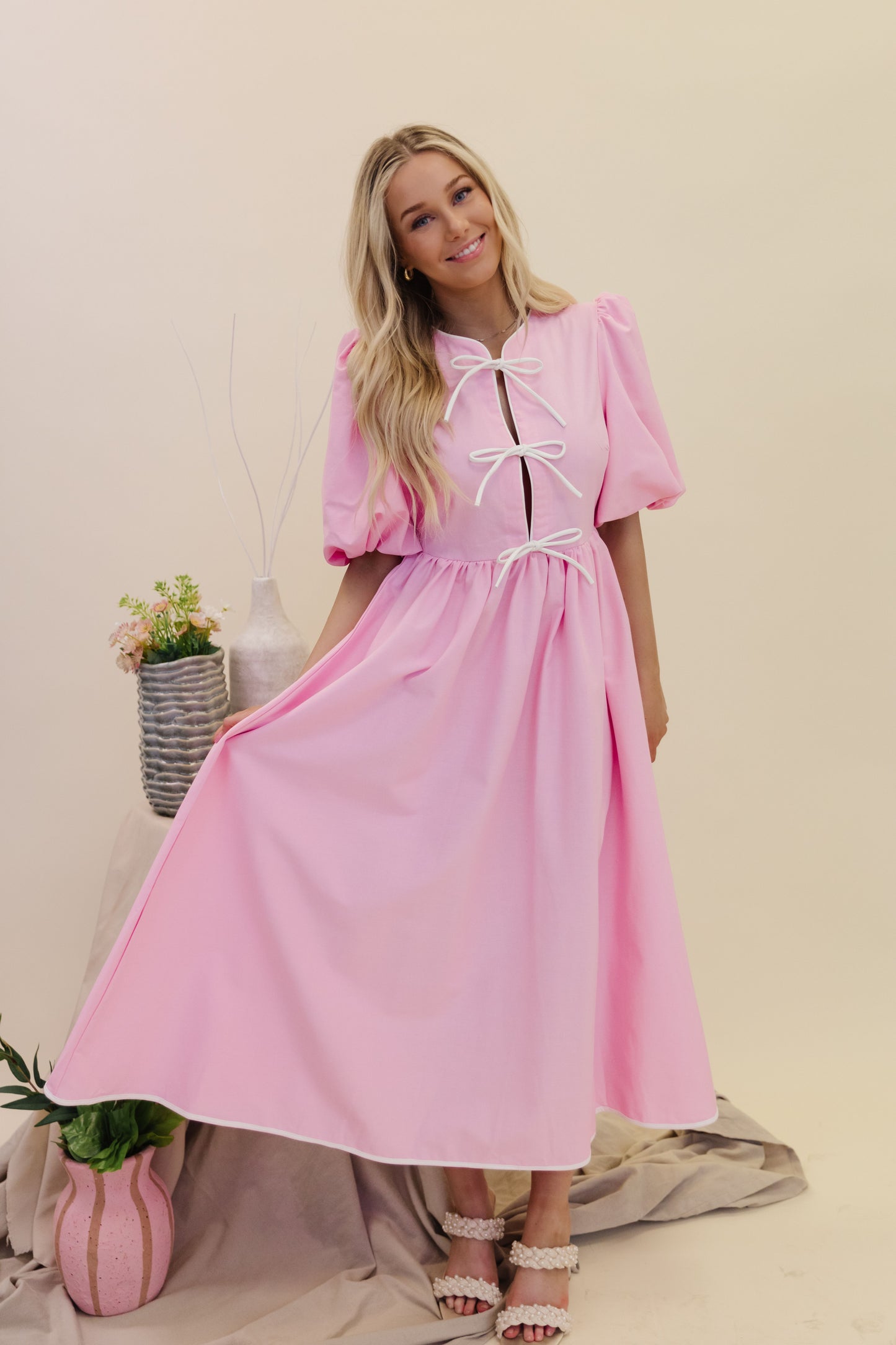 THE JOSEPHINE BOW TIE MIDI DRESS IN PINK